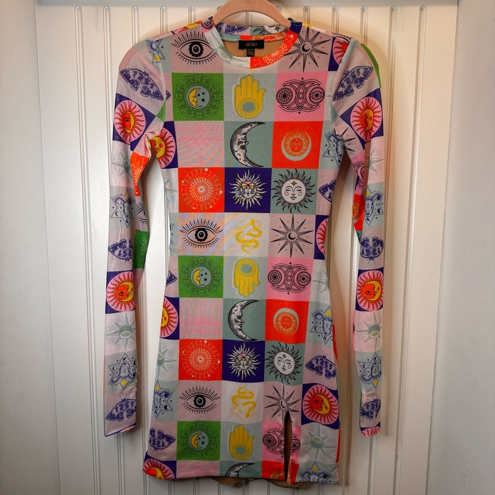Afrm Long Slv Patchwork Celestial Mini Dress Mult… - image 3